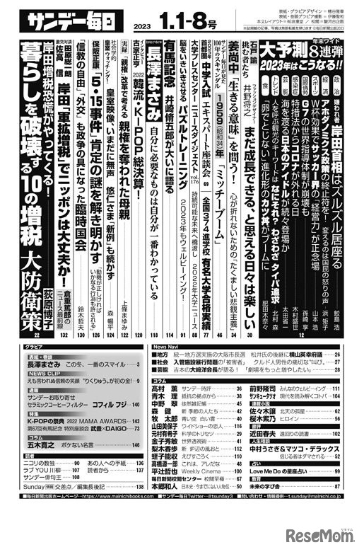 サンデー毎日（2023年1月1・8日号）目次