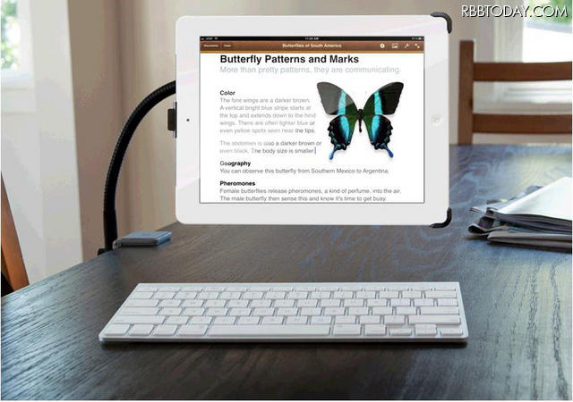 iPadをデスクに取り付けBluetoothキーボードと併用するイメージ(iPad・Bluetoothキーボードは別売)