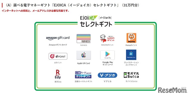 1等の電子マネーギフト「EJOICAセレクトギフト」31万円分
