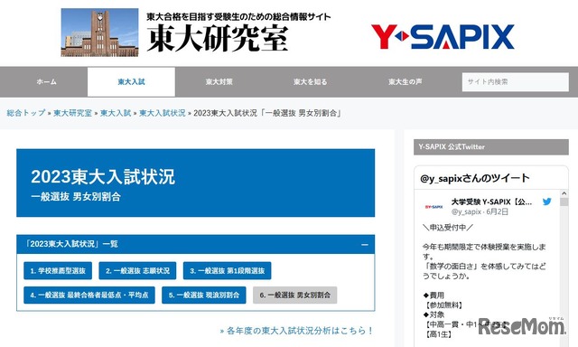 2023東大入試状況「一般選抜 男女別割合」
