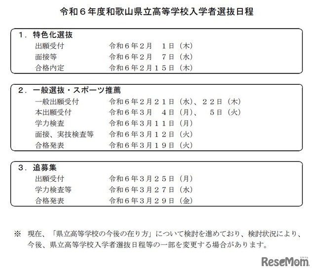 2024年度和歌山県立高等学校入学者選抜日程