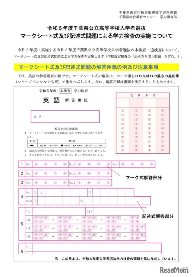 令和6年度千葉県公立高等学校入学者選抜　マークシート式および記述式問題による学力検査の実施について（説明リーフレット）