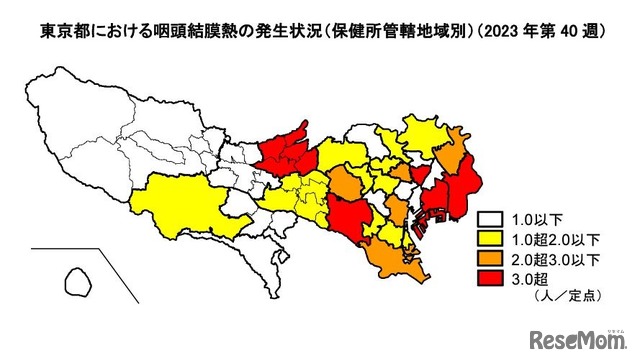 東京都における咽頭結膜熱の発生状況（保健所管轄地域別、2023年第40週）