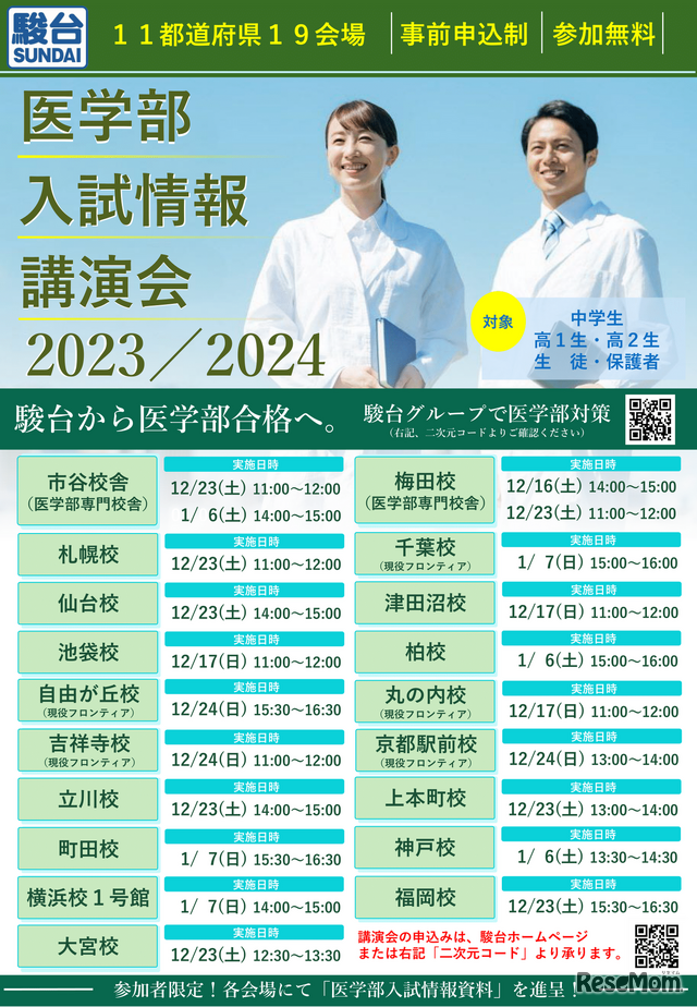 駿台は2023年12月16日より、「医学部入試情報講演会」を11都道府県19会場で開催する。