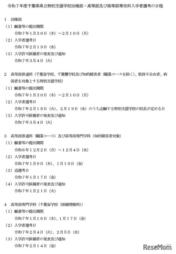 2025年度千葉県県立特別支援学校幼稚部・高等部・高等部専攻科入学者選考の日程