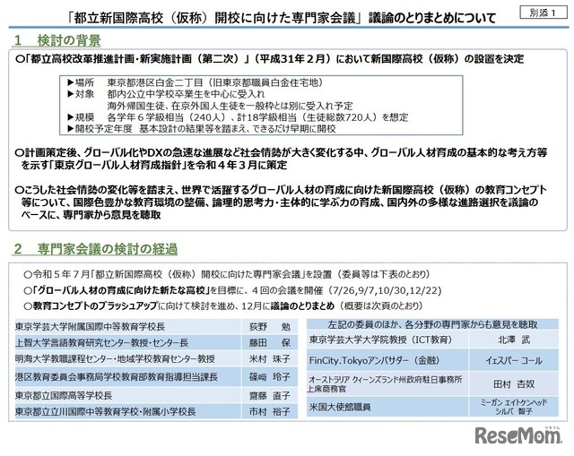「都立新国際高校（仮称）開校に向けた専門家会議」議論のとりまとめ（概要版）