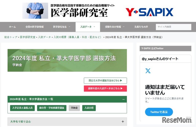 2024年度私立・準大学医学部選抜方法（学納金）