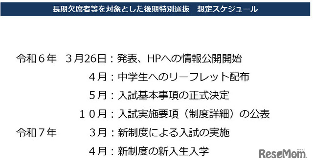 長期欠席者等を対象とした後期特別選抜 想定スケジュール