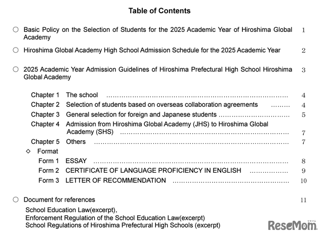 2025 Academic Year Admission Guidelines of  Hiroshima Prefectural High School Hiroshima Global Academy-Table of Contents-