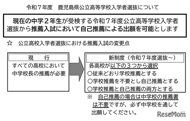 令和7年度鹿児島県公立高校入学者選抜における推薦入試の変更点