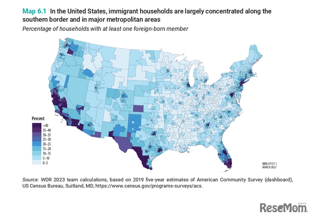 移民の割合が高い地域が西海岸（とりわけカリフォルニア州）に多い（世界銀行「世界開発報告書2023」より）