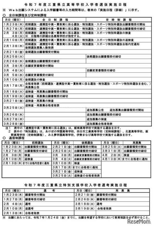 令和7年度三重県立高等学校入学者選抜実施日程