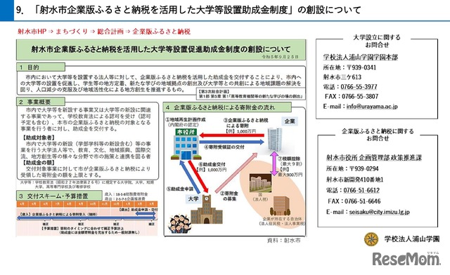 「射水市企業版ふるさと納税を活用した大学等設置助成金制度」の創設について