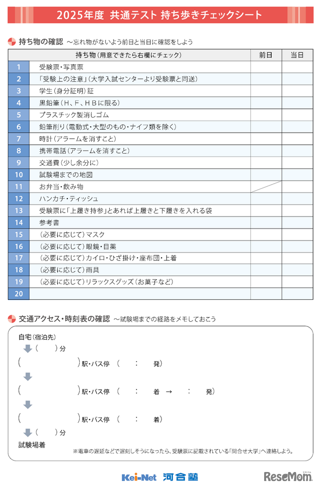 持ち歩きチェックシート（一部）