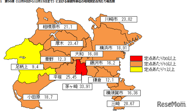 神奈川県のインフルエンザ流行分布（第50週：2024年12月9日～15日）