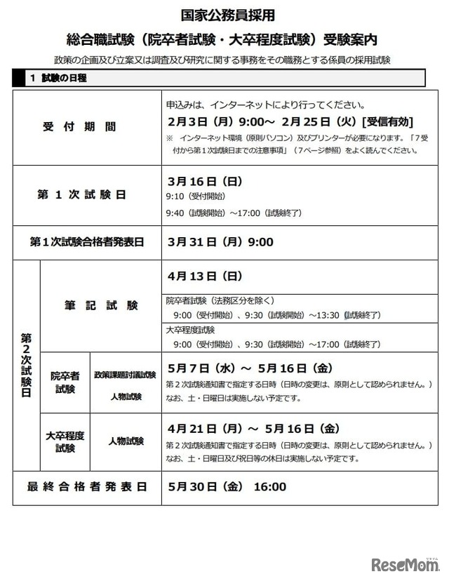 国家公務員 総合職試験（院卒者試験・大卒程度試験）受験案内