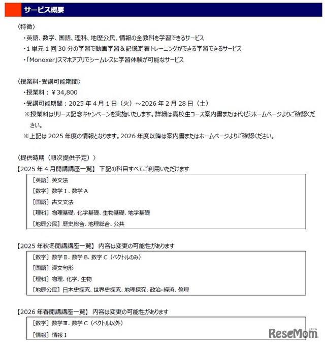 授業料・受講可能期間・提供時期