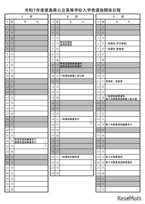 令和7年度徳島県公立高等学校入学者選抜関係日程