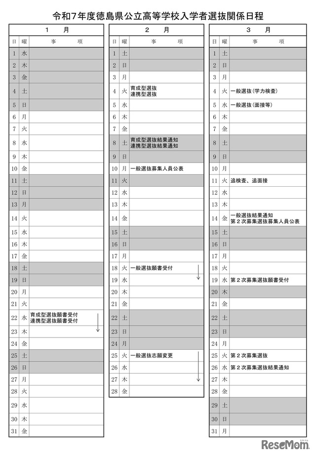 令和7年度（2025年度）徳島県公立高等学校入学者選抜日程