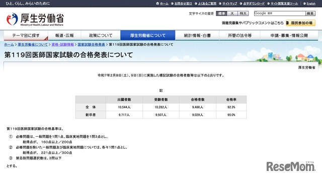 第119回医師国家試験の合格発表について