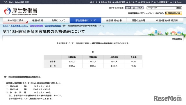 第118回歯科医師国家試験の合格発表について