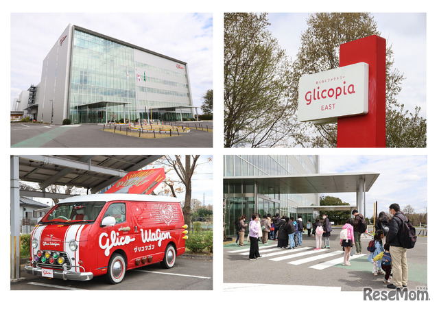グリコピア・イースト外観（左上）、看板（右上）、初代のグリコワゴン（左下）、入場時のようす（右下）