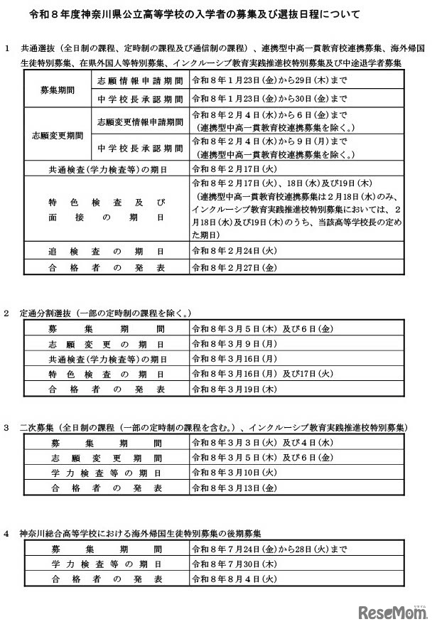 令和8年度神奈川県公立高等学校の入学者の募集および選抜日程について