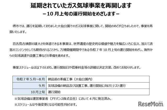 「延期されていたガス気球事業を再開します 」
