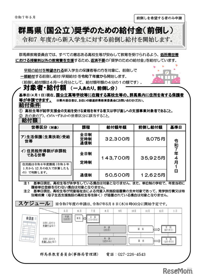 群馬県（国公立）奨学のための給付金（前倒し）