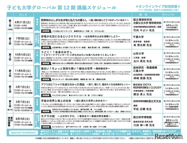 子ども大学グローバル第12期講義スケジュール