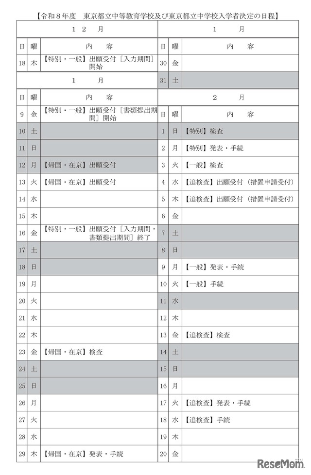 令和8年度 東京都立中等教育学校および東京都立中学校入学者決定の日程