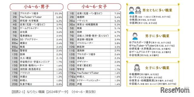 なりたい職業【2024年データ】（小4～6・男女別）