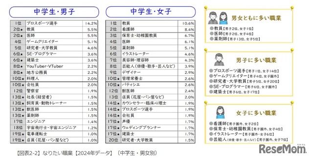 なりたい職業【2024年データ】（中学生・男女別）