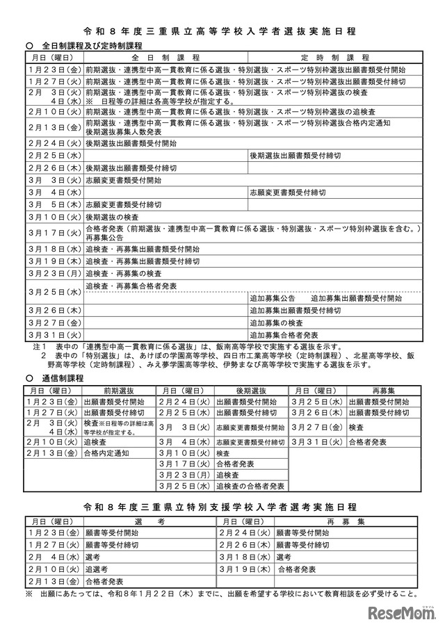 令和8年度三重県立高等学校入学者選抜実施日程