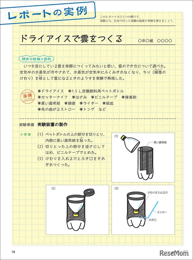 レポートの実例：実際の実験結果をまとめたレポートの例がついている