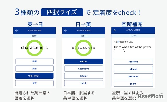 3種類の「4択クイズ」で定着度をcheck