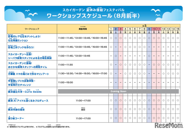 スカイガーデン 夏休み宿題フェスティバルワークショップスケジュール（8月前半）