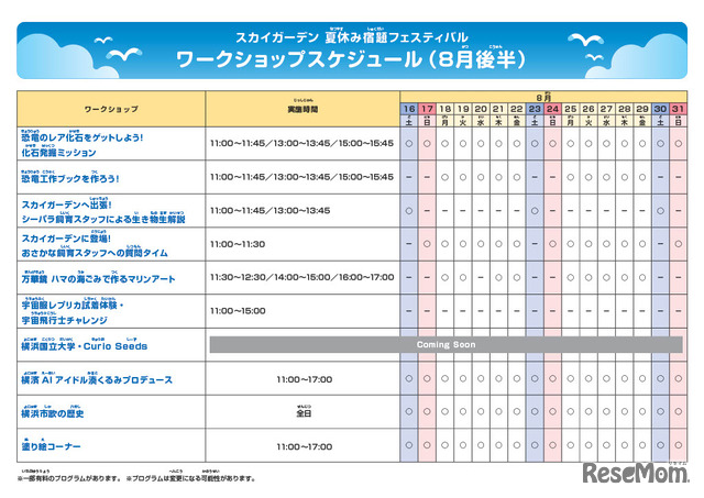スカイガーデン 夏休み宿題フェスティバルワークショップスケジュール（8月後半）