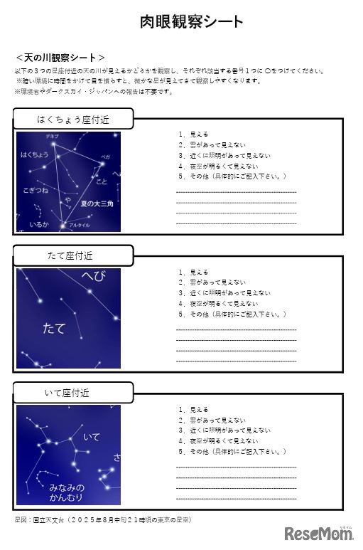 肉眼観察シート「天の川観察シート」