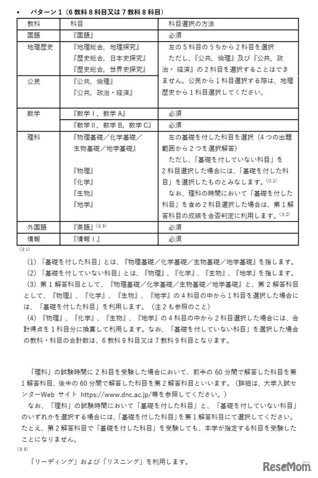 「RouteA」による出願時の大学入試共通テストの指定科目（パターン1）