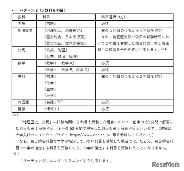 「RouteA」による出願時の大学入試共通テストの指定科目（パターン2）