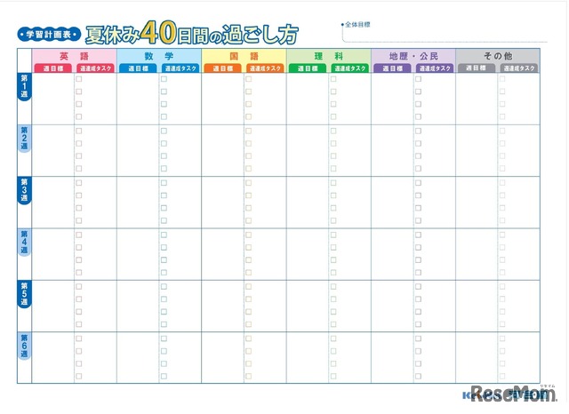学習計画表「夏休み40日間の過ごし方」