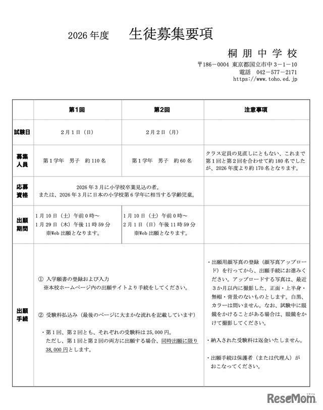 2026年度 生徒募集要項（一部）