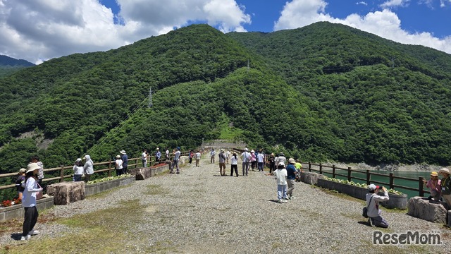 御母衣ダムの天端。向かって左側にはロックフィル、右側にはダム湖がある