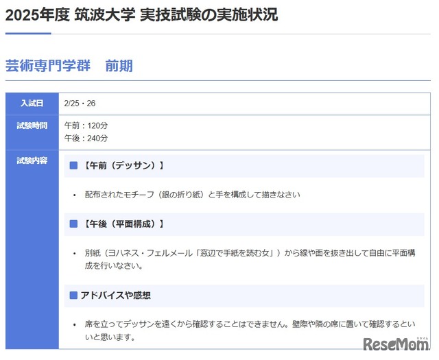 筑波大学 芸術専門学群（前期）の実技内容