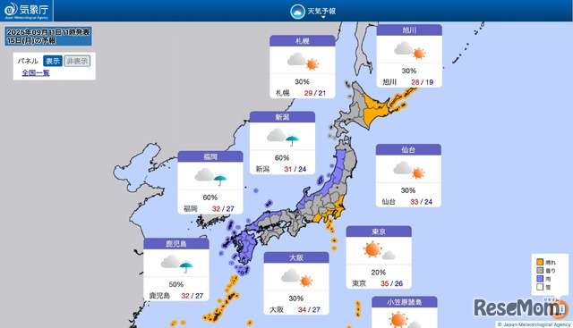 2025年9月15日の全国の天気予報（2025年9月11日11時発表）