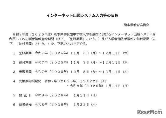インターネット出願システム入力等の日程