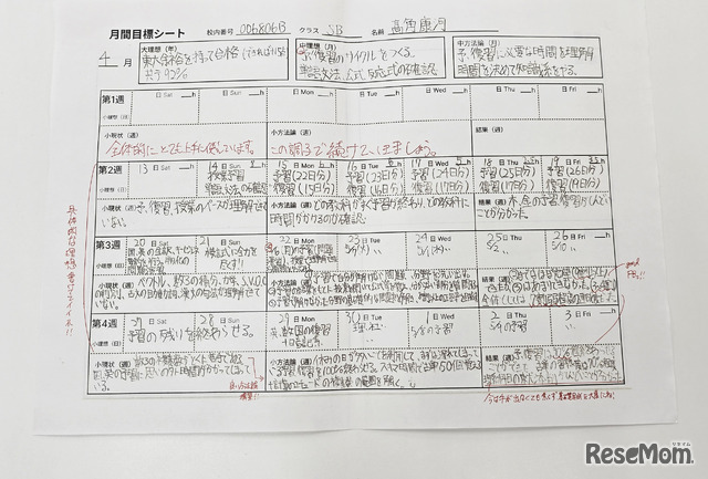 週ごとの計画を具体化する「月間目標シート」（髙角さんご本人より提供）
