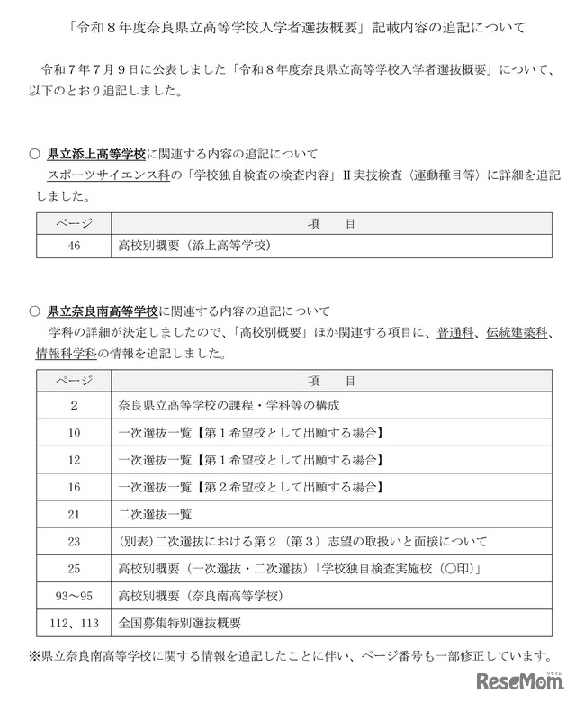 「令和8年度奈良県立高等学校入学者選抜概要」記載内容の追記について