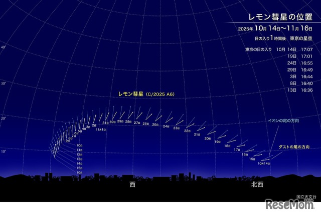 レモン彗星の位置（2025年10月14日～11月16日）東京の星空